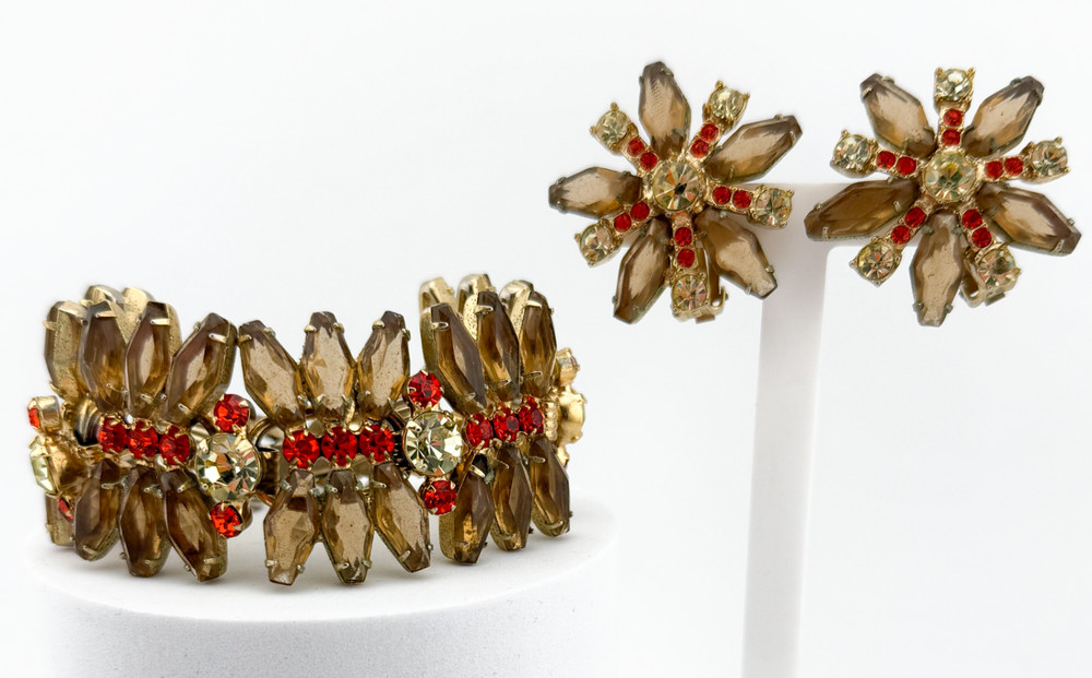 Juliana D&E Book Piece Brown Coffin Rhinestone Gold Bracelet & Clip-On Earrings