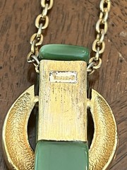 Vintage Crown Trifari Faux Jade Green Pendant Necklace Gold Tone Signed Nice!