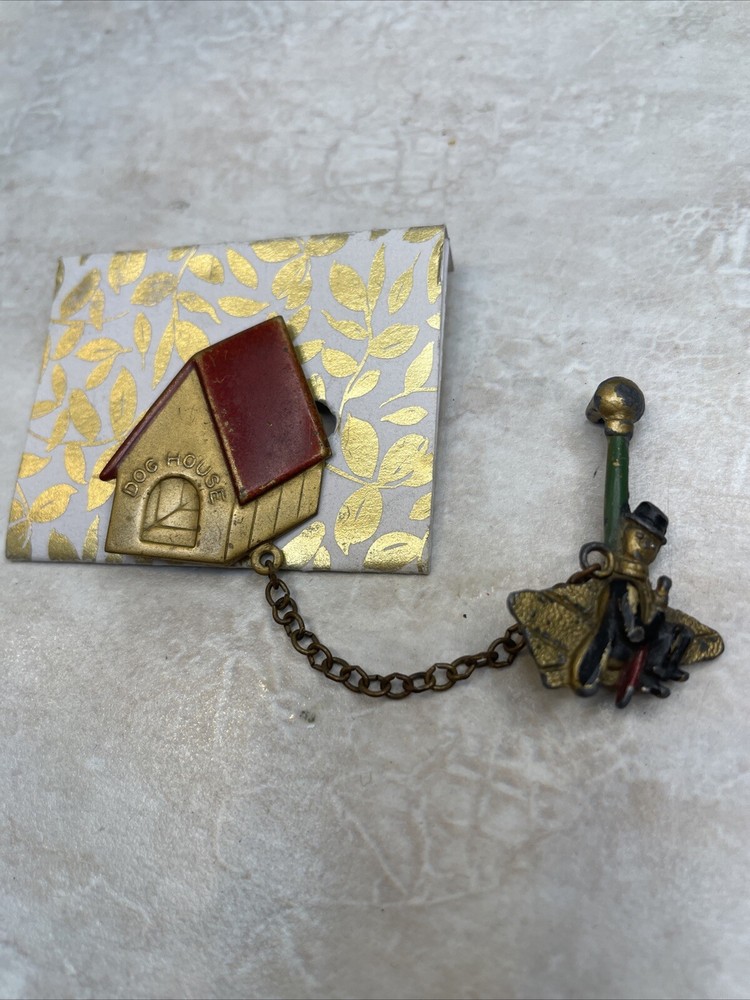 Vintage Antique In The Dog House Chatelaine Chain Man Under Lamp Pin Brooch