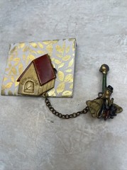 Vintage Antique In The Dog House Chatelaine Chain Man Under Lamp Pin Brooch