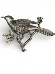 Brooch Bird On A Branch Leaves Floral Silver Tone 1930’s To 50’s