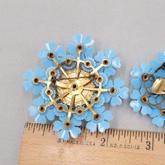 Vintage Blue Flower Brooch and Clip on Earring Set Rhinestone Plastic