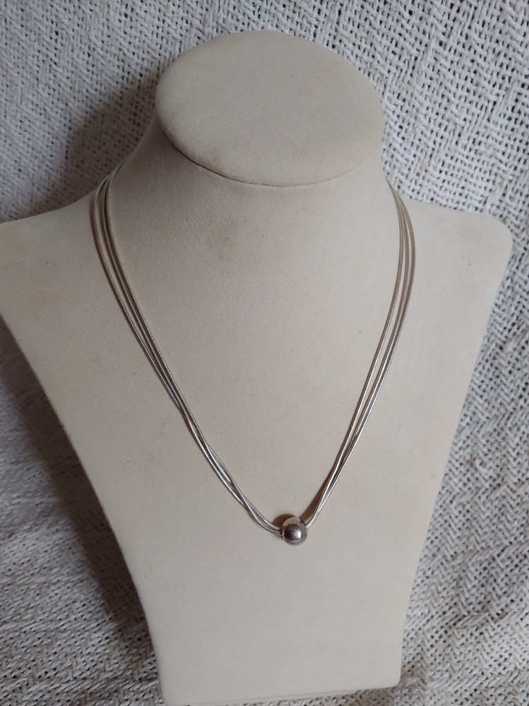 Vintage Triple Strand Sterling Silver Necklace Single Bead 16″ ITALY 925 Cl