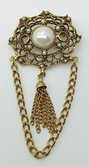 Vintage Faux Pearl Bar Brooch Pin Cabochon Ornate Gold Tone Metal Chain Tassel