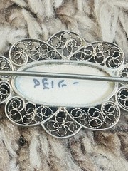 VINTAGE Signed DELFT Blue White PORCELAIN WINDMILL PIN Silver Filigree Frame