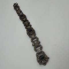 VTG Judith Jack Sterling Silver Marcasite Black Onyx Panel Bracelet 7.5″ 46g
