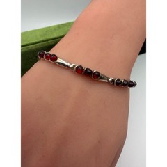 sterling silver tennis-style link chain bracelet cabochon-cut red Baltic amber