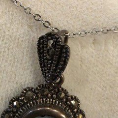 Vintage HAN Sterling Silver Marcasite Blue Mother of Pearl Cameo Necklace
