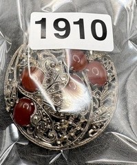 Vintage Art Deco Ornate Filigree Brooch Faux Carnelian Cabochon Silver Tone