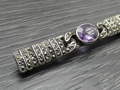 Vintage Sterling Silver Unique Oval Purple Stone Marcasite Bar Brooch Pin