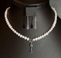 Vintage Cultured Pearl Blue Crystal Lavaliere Y Drop Necklace +925 Earrings 6125