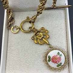 30g Vintage 12k Gold Filled Pocket Watch Chain FOB, Dog Clip T-Bar, GF Guilloche