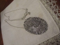 Antique, vintage sterling silver large marcasite monogram brooch pin, Pendant