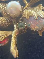 French Designer mid century Art Nouveau gemstone Pinecone Branch Gold tone Pin