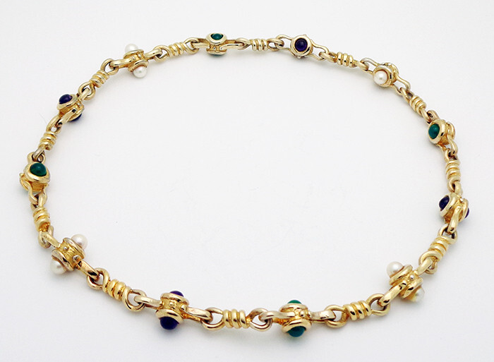 Estate KAREL Pearl & Multistone Link 17.5″ Necklace in Sterling Silver & Vermeil