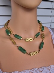 Vintage Asian Export Green Faux Jade Lucite Long Necklace Geometric Links 36.5″
