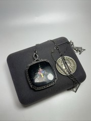 Antique Art Deco Sterling Silver Flower Basket Enamel Locket Necklace