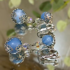 Vintage Coro Signed Blue Silver Beaded Drippy Drop Clip Earrings Filigree