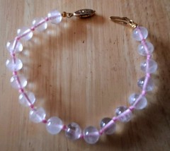 Vintage Jewelry Hand Knotted Rose Quartz Round Beads Bracelet Fishhook Clasp
