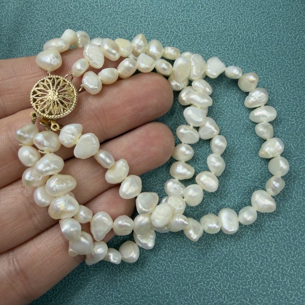 Vintage 14K GOLD 🖤 Triple 3 Strand Cultured BAROQUE Freshwater Pearl Bracelet