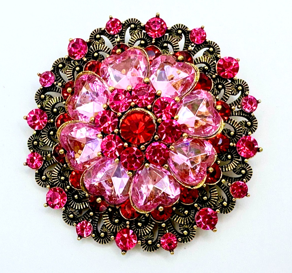 Gold Tone Pink Heart Shape Rhinestones & Red Rhinestones Brooch