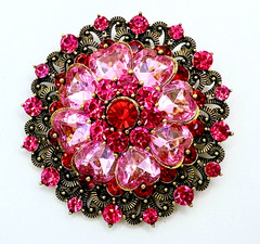 Gold Tone Pink Heart Shape Rhinestones & Red Rhinestones Brooch