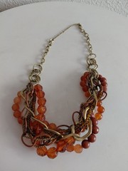 Vintage Amber Style Composite Beads Metal Gold Tone Chain Necklace Boho