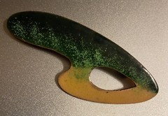 MCM Copper Enamel Boomerang Open Swirl Brooch modernist artisan signed Belanger