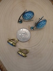 Vintage Clip on Earring lot 2 pair Turquoise man made Opal Almond Rhinestone