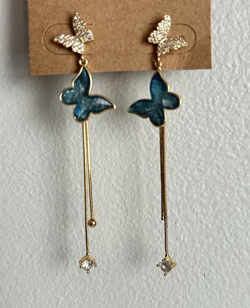 Goldtone Butterfly Earrings Blue And Clear Stones Dangles Post Back (pierced)