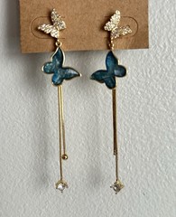 Goldtone Butterfly Earrings Blue And Clear Stones Dangles Post Back (pierced)