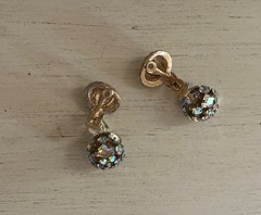 Vintage Aurora Borealis Crown Cage Ball Drop Gold Chandelier Clip On Earrings
