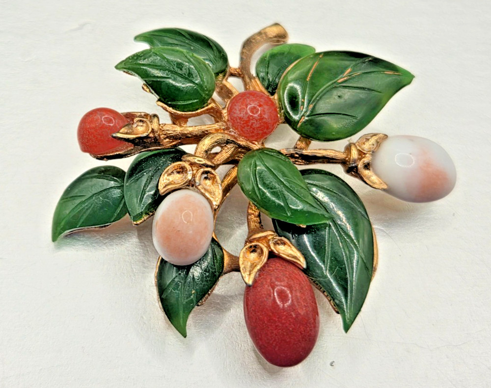 Vintage Swoboda Semi Precious Jade Pearl and Coral Gold tone Berry Brooch