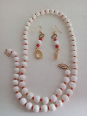 Estate 14K/20 GF Conch Shell White Coral Red Coral Necklace Earrings 30G 18″Long
