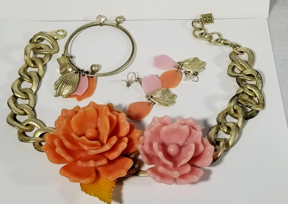 Anne Klein bontanical chunky floral necklace bracelet earring vintage set 1990s