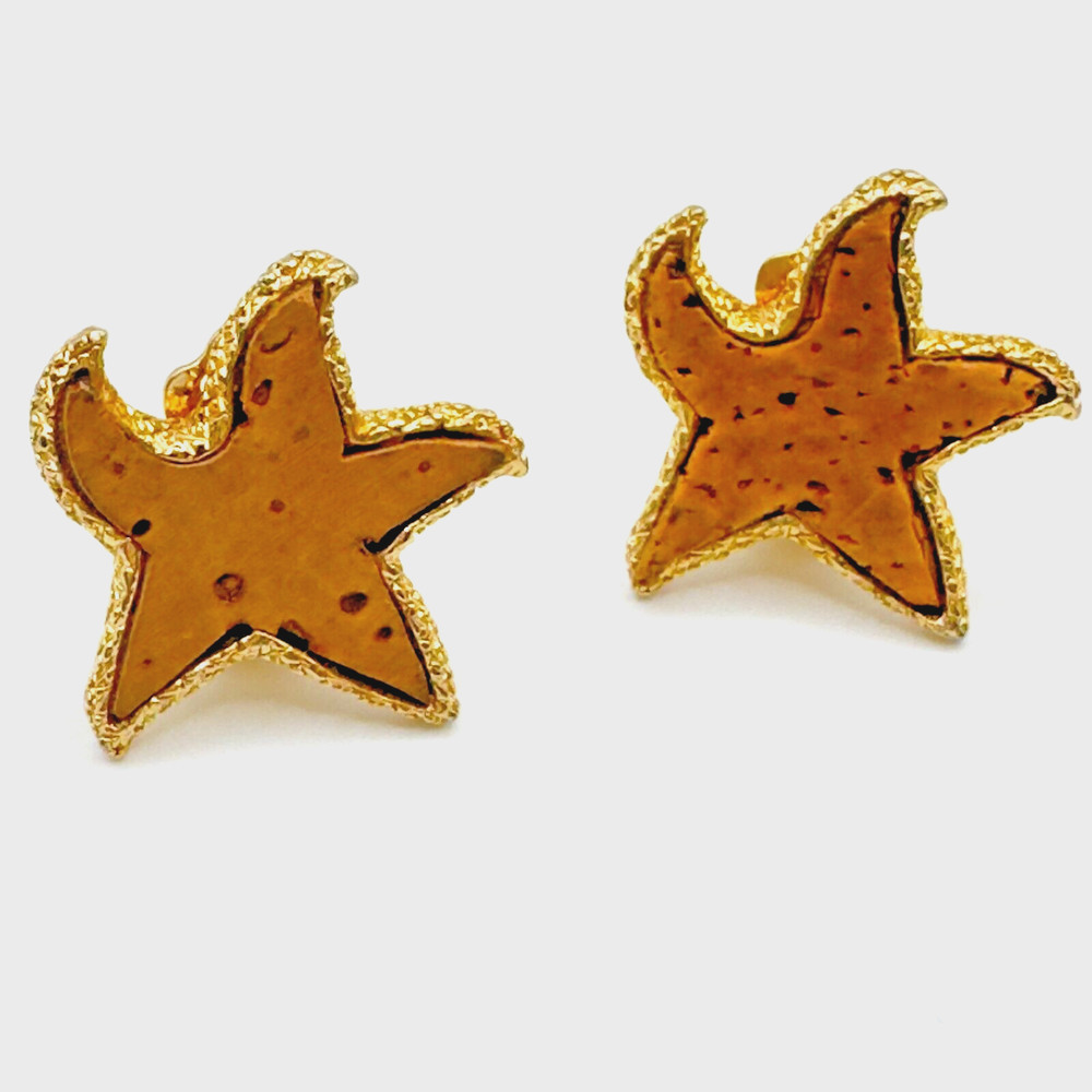Vintage ART Auther Pepper Starfish Clip-On Earrings Gold Tone Cork Textured