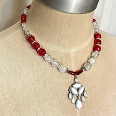 Handmade Red & Clear Crackle Glass Bead Necklace Acrylic Pendant Magnetic Clasp