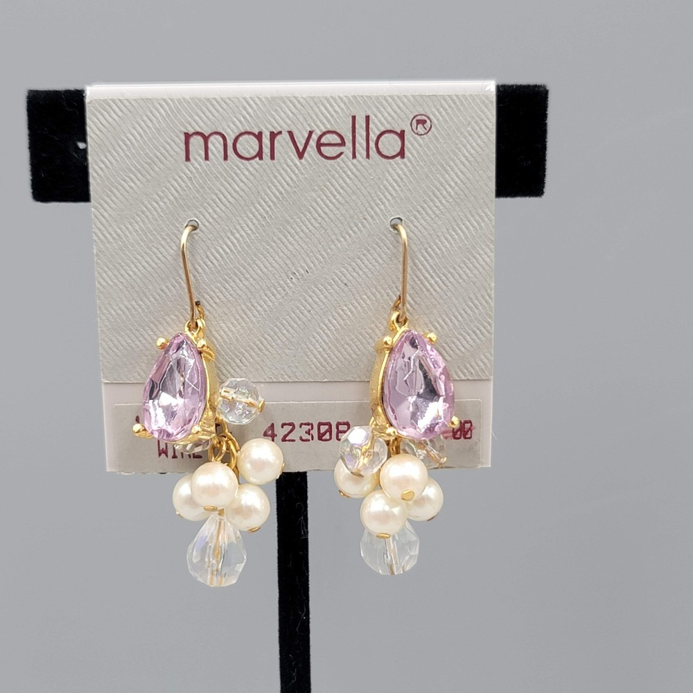 Vintage Marvella Pink Rhinestone White Bead Pierced Earrings Dangle 1.25″