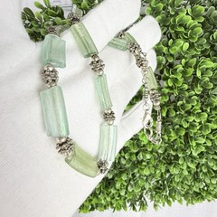 Vintage Sterling Silver Iridescent Green Roman Glass & Beaded Necklace Boho Chic
