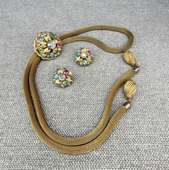 Vintage Mesh Lariat Necklace Earrings Gold Tone Rhinestones Colored Stones READ