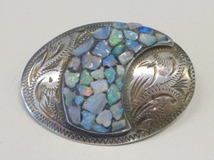 Vintage MCM Scandia Sterling Engraved FIRE OPAL Chip Brooch Pin Mid Century Mod