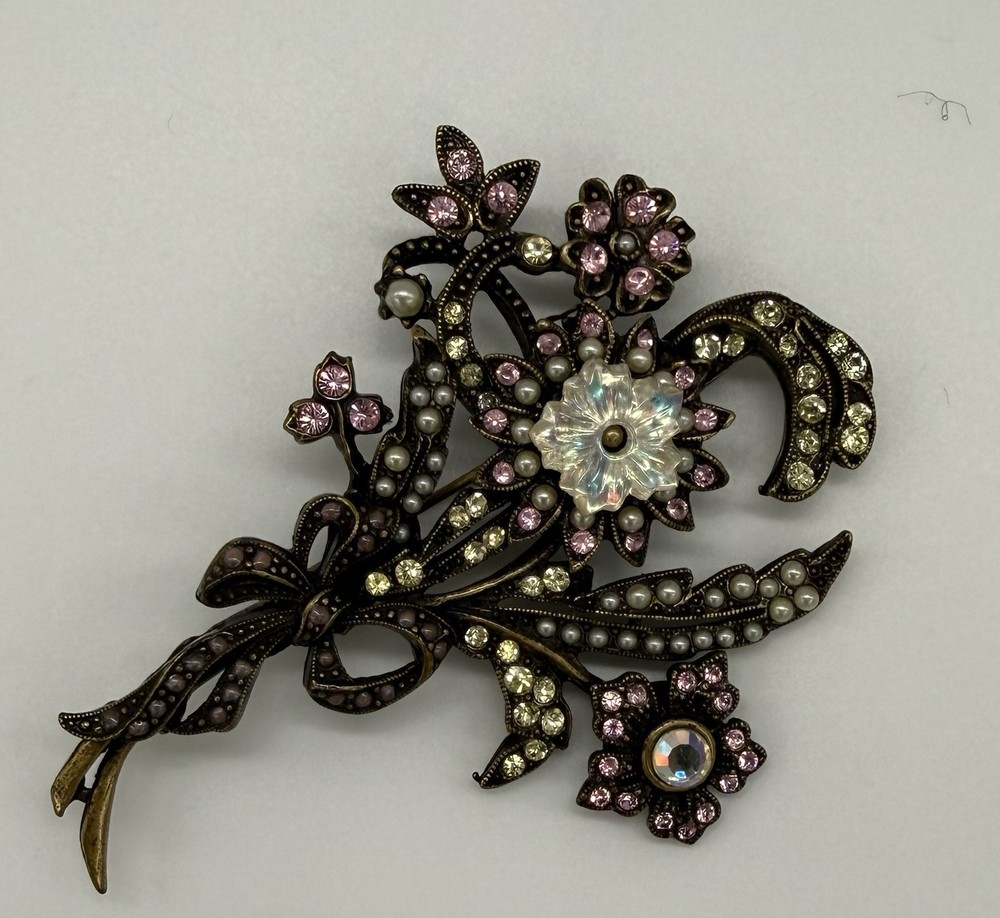 Large Sweet Romance USA Victorian Brooch Pink Rhinestones Faux Pearls 3” VTG