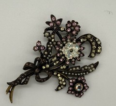 Large Sweet Romance USA Victorian Brooch Pink Rhinestones Faux Pearls 3” VTG