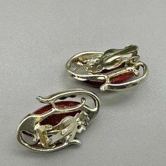 Vintage Burgundy Marquise Cabochon Gold Tone Necklace Clip On Earrings Set