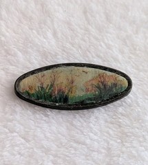 Vintage Framed Art Brooch Hand Painted On Silk Birds Flowers Landscape Design