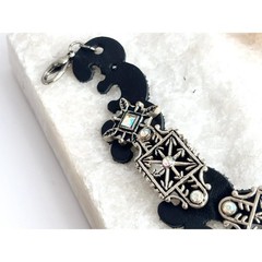 Faux Black Leather Boho Gemstone Silver T Adjustable Vintage Bracelet – 7″ – 9″