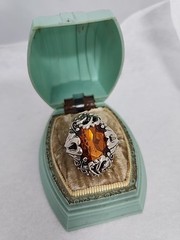 Western Germany Large Topaz Glass Rhinestone Ring Art Nouveau Silver-toned Adj.