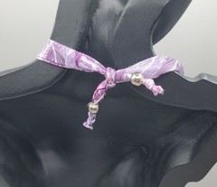Vintage Purple Silk Wrapped Bead Necklace White Swirl Silver Tone Spacers 22″