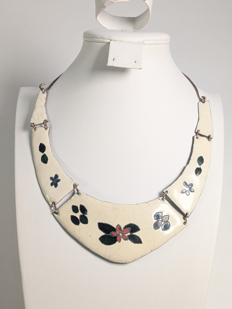 Vintage Enamel Over Copper Necklace 17.5″ Collar Artisan 60s 70s Hippie Boho
