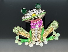 3 Vintage Brooches Pins Frogs, Fish, Seal Rhinestones Enamel Gold tone